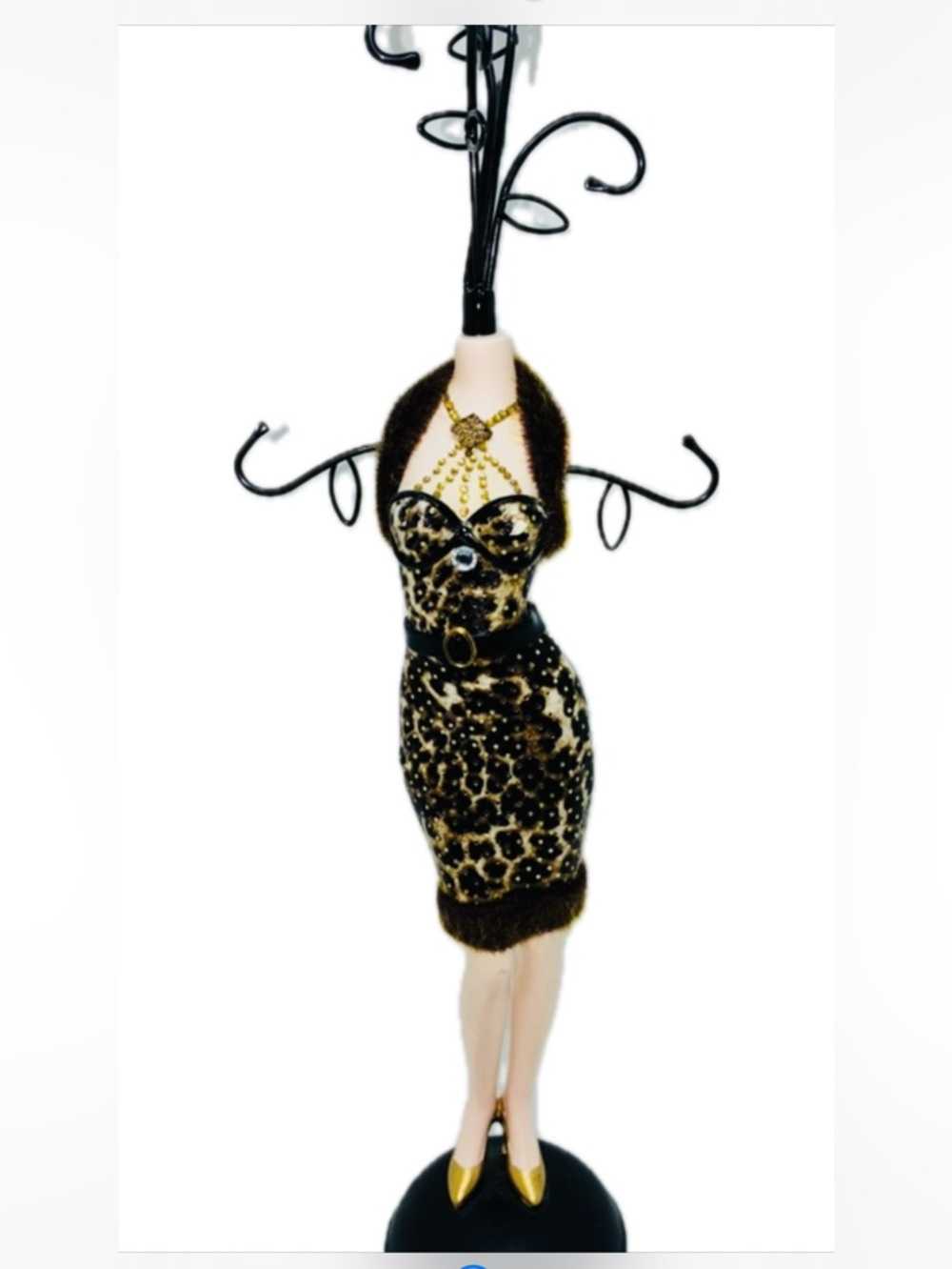 Diva Mannequin Jewelry Display Holder Leopard Dress with Faux Mink Trim EUC
